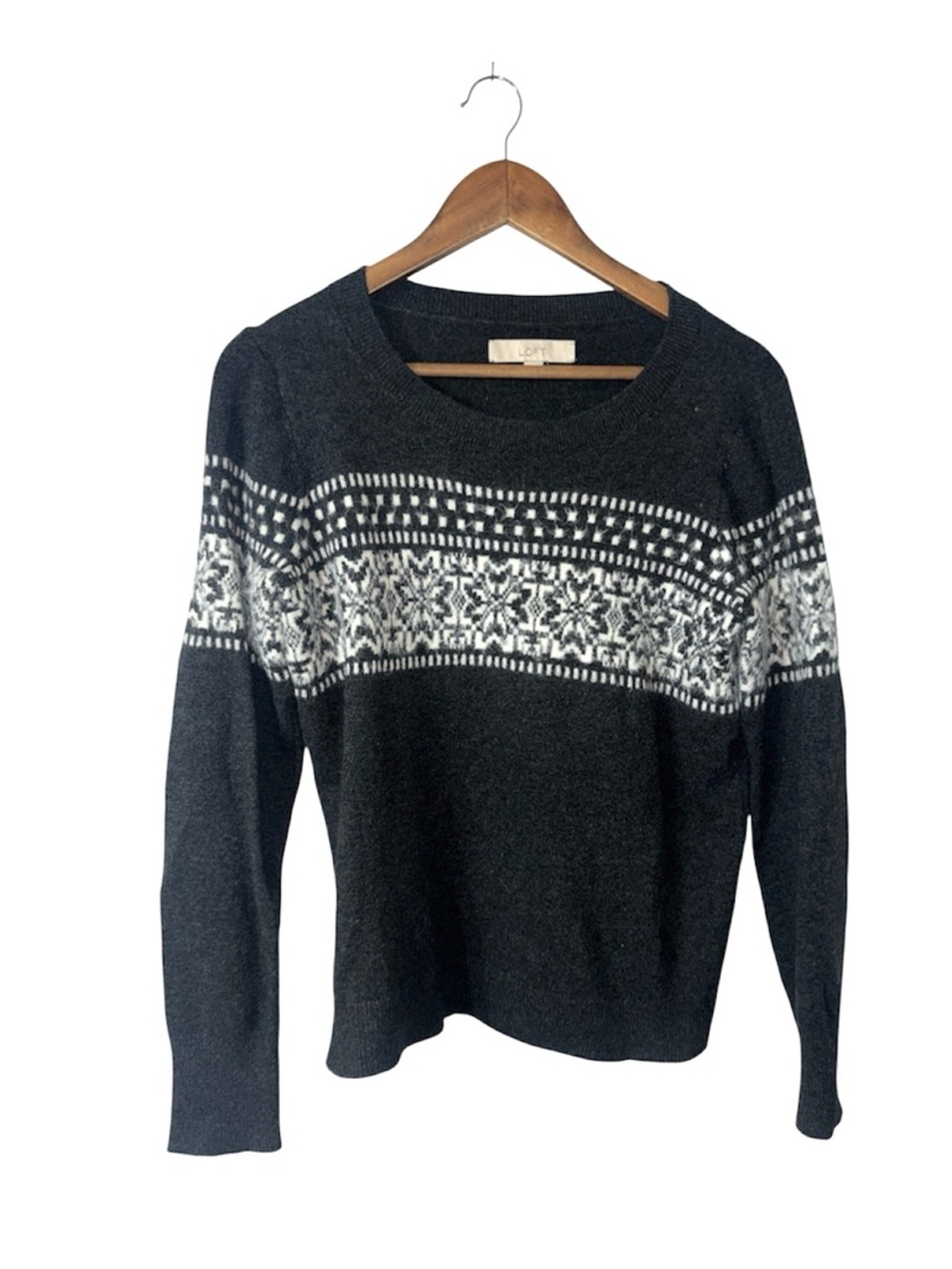 Loft Charcoal Gray Fair Isle Sweater Cotton Wool Warm Size Medium